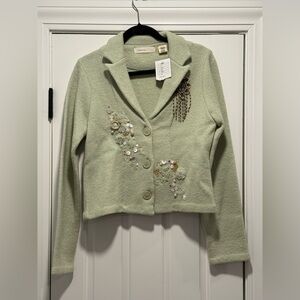 Anthropologie 'Sleeping on Snow' Pale Green Cardigan Sweater with Beaded Detail